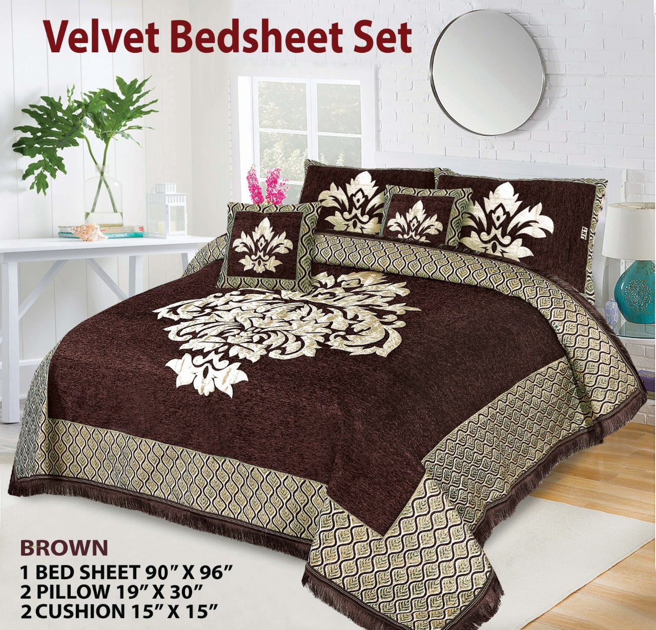 Elegant Velvet Jacquard Bedsheet Set – 5 Pcs King Size Bedding Collection